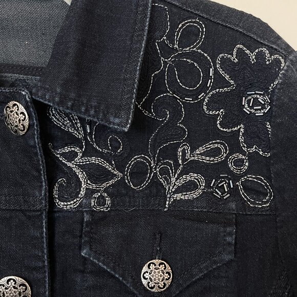 Chico's Platinum Jean Denim Jacket 0 Small Black Silver Buttons Stitching Beaded - Picture 2 of 8
